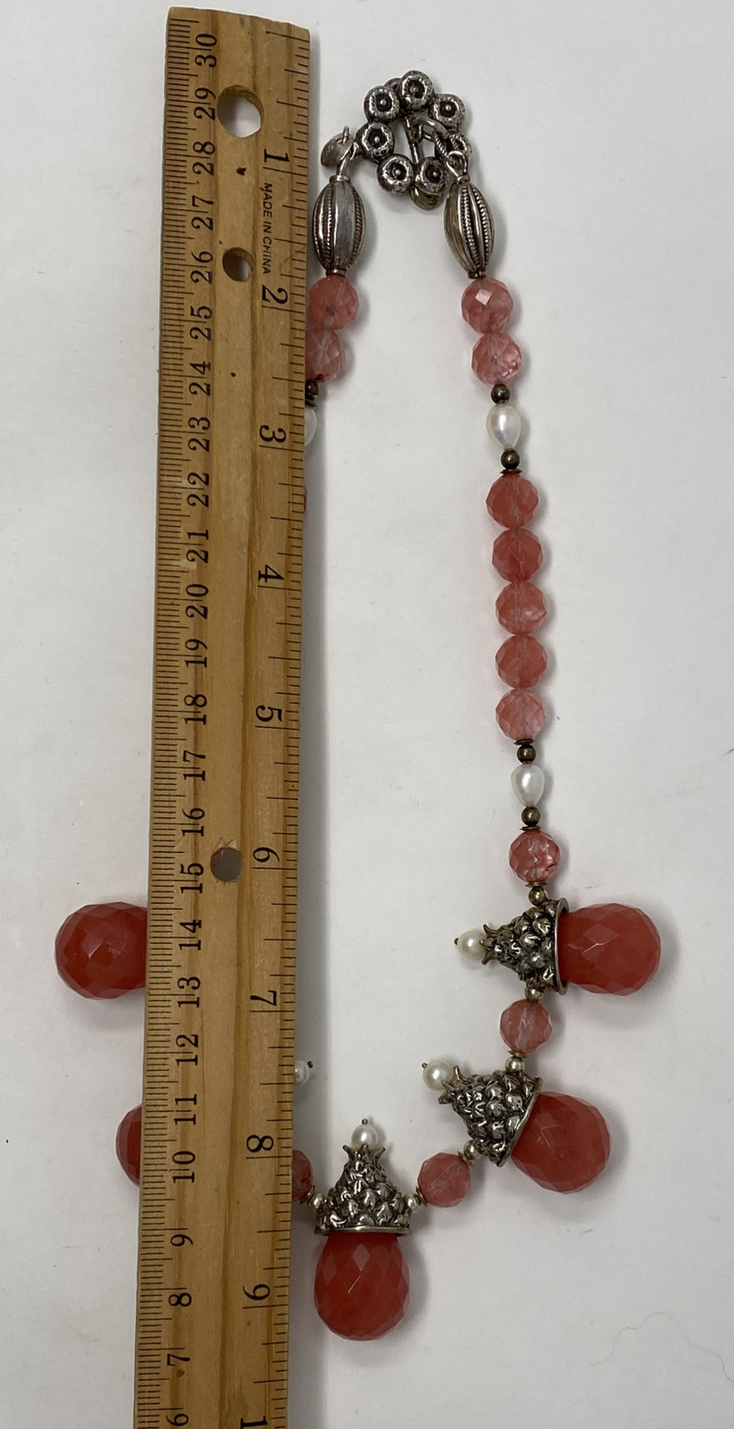 Stunning Artist Signed PF Sterling Silver Rose Quartz Pearl Collar Necklace