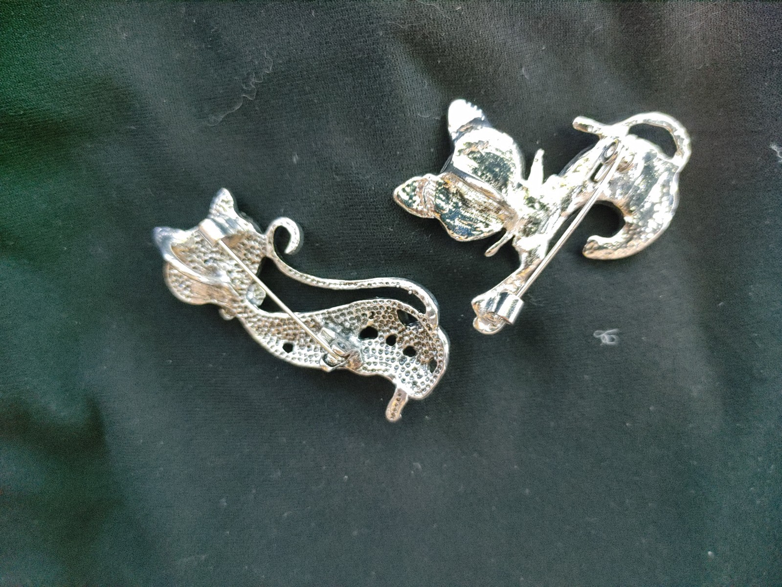 2 Pc. Lot Of Whimsical Retro Cat Brooches Faux Abalone Silver Tone 2″