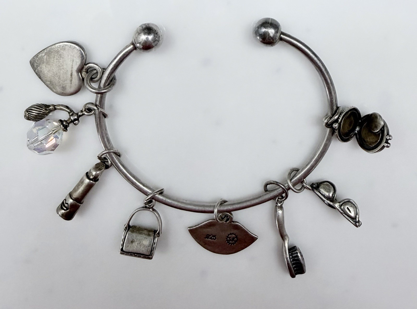 Sterling Silver Bangle Cuff Bracelet W/ 8 Charms – SJC