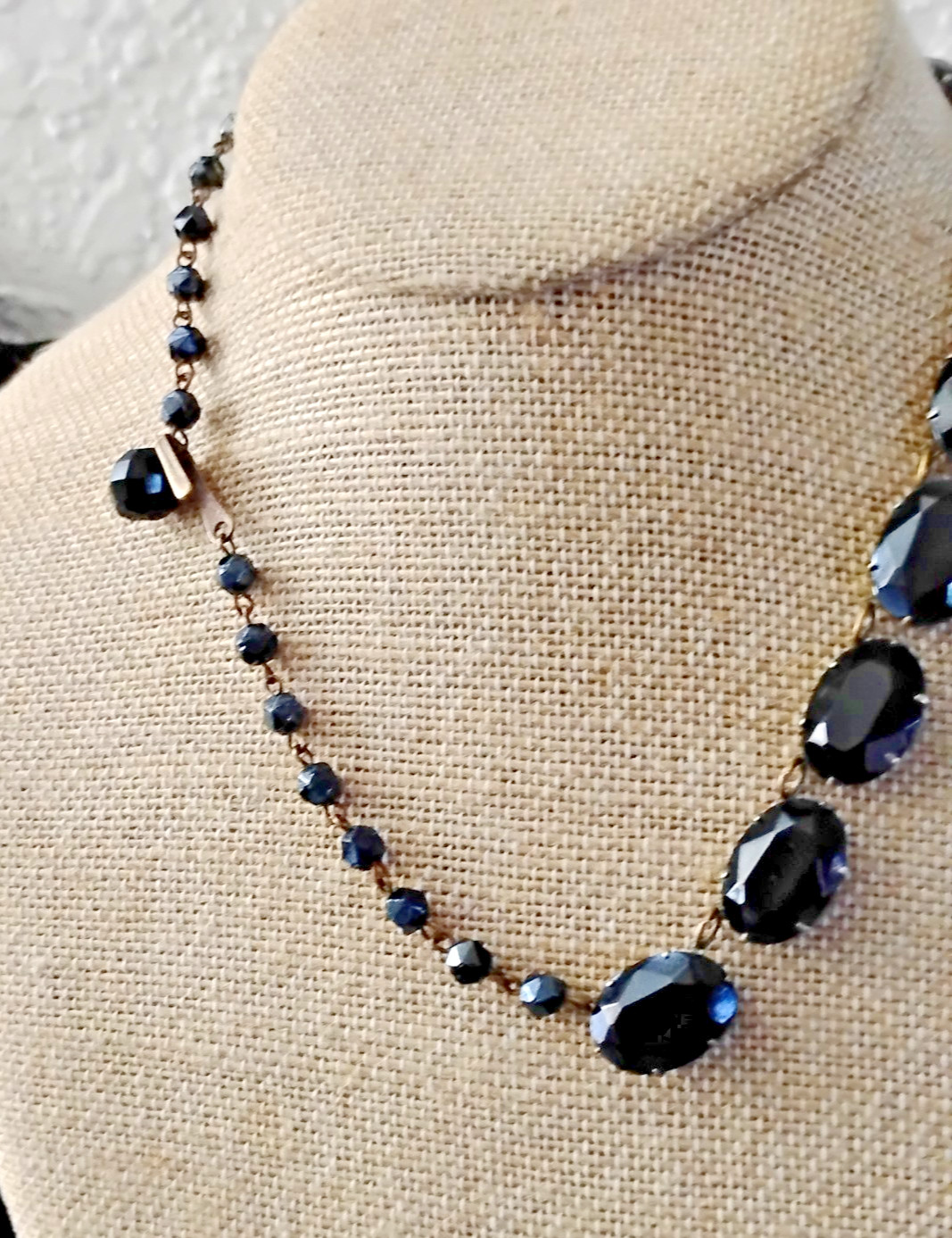 Art Deco Era Bohemian Black Glass Necklace Adjustable 14-18 Inches Beads 5/8 In