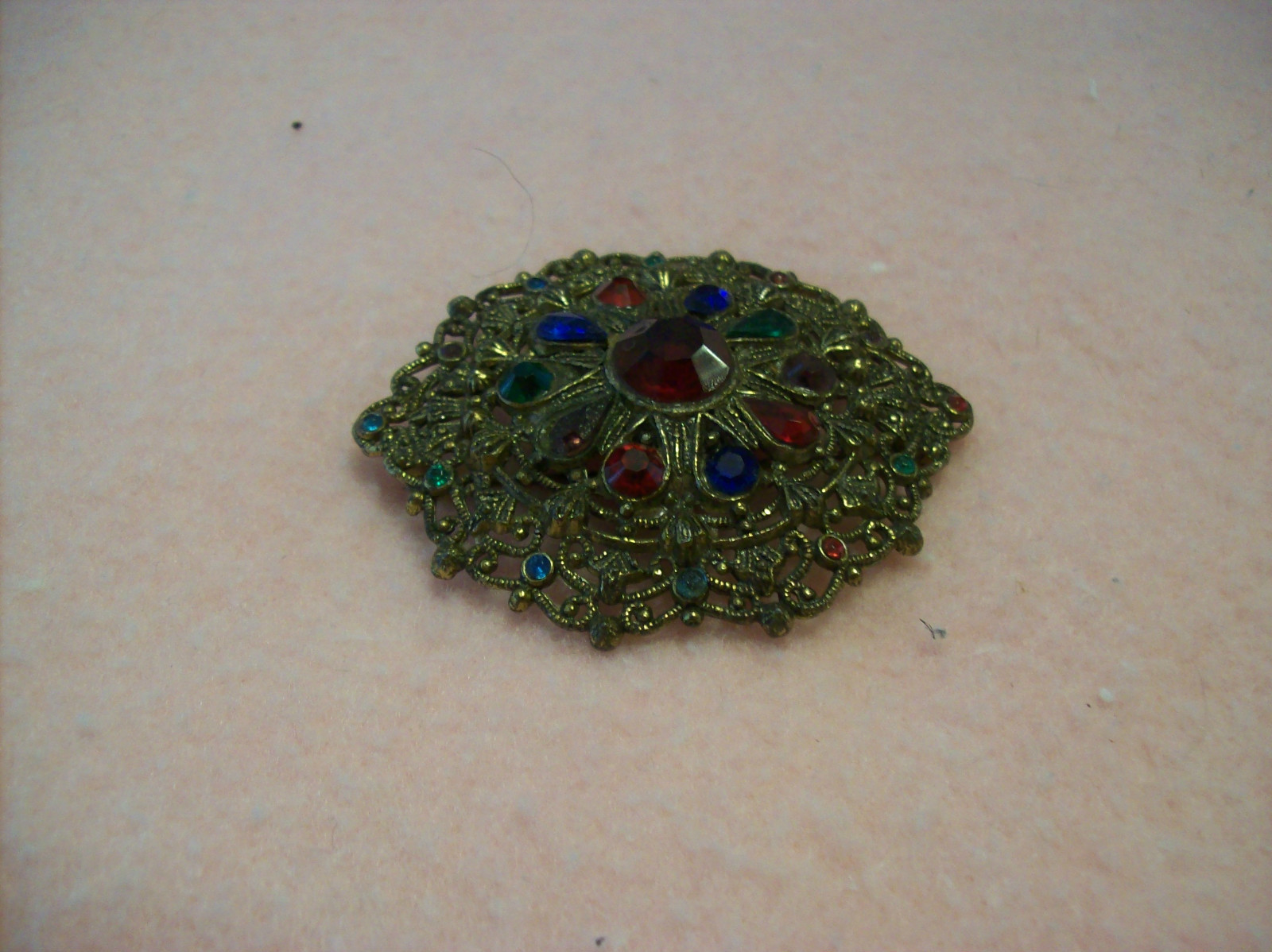 New England Glass Works Antique Brooch Multicolor Rhinestones Filigree Design