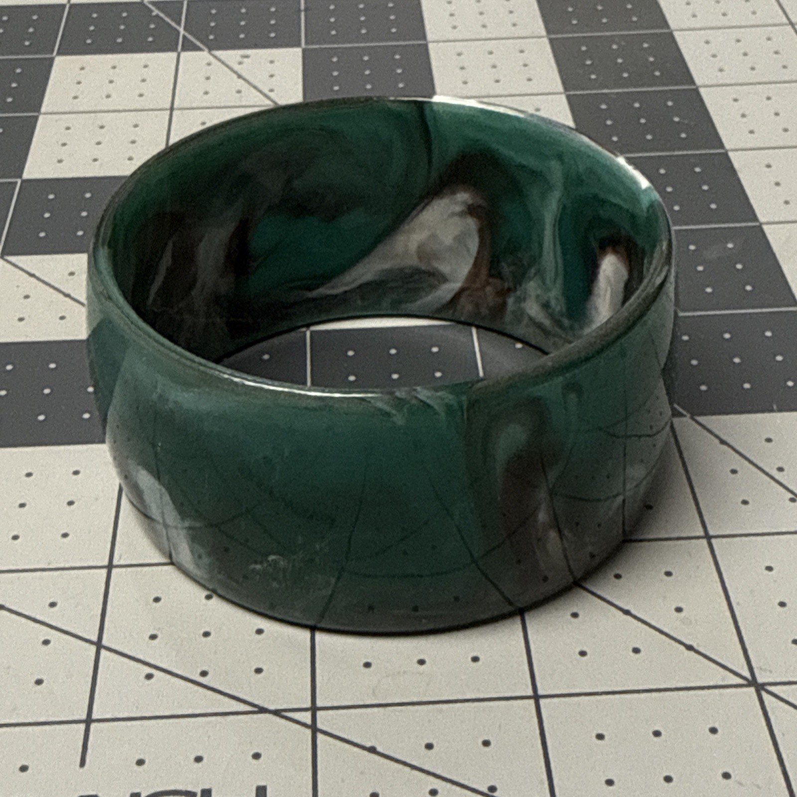 Vintage 70s Marbled Lucite Wide Bangle Bracelet Green White Black 1 3/8″ wide