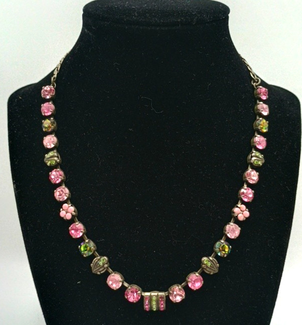 Vintage Mariana Swarovski Crystal Necklace Pink Green Silver Tone Israel