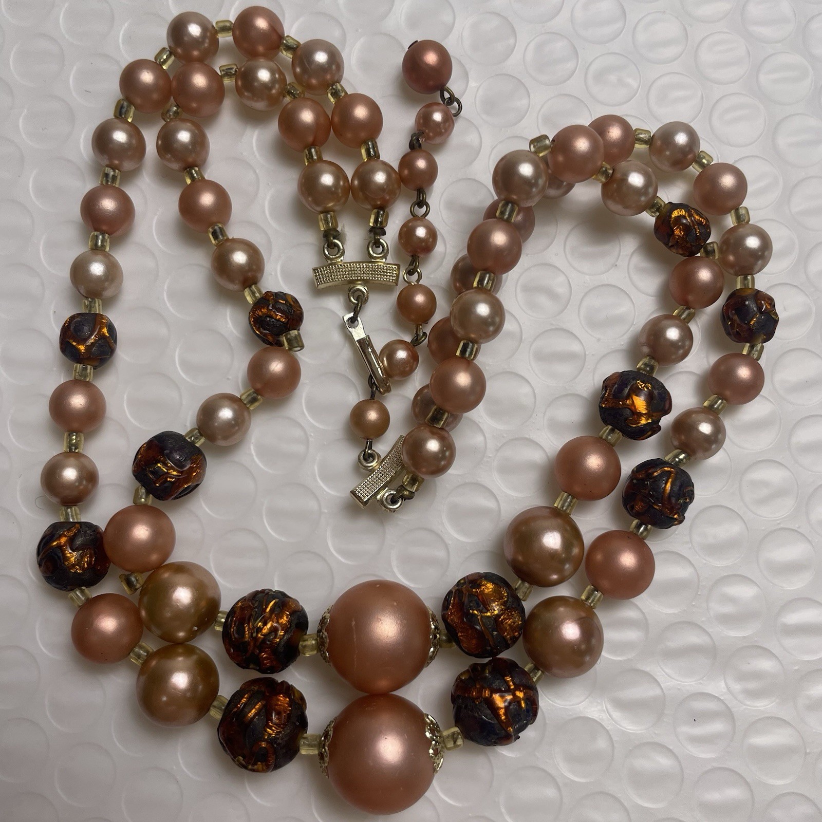 VTG Peach Brown Gold Double Strand Necklace Made In Japan Adjustable