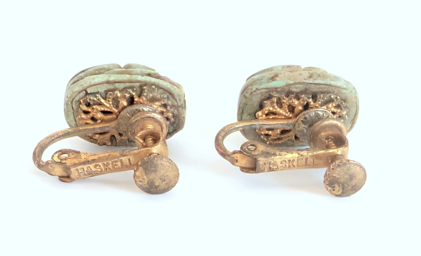 Wonderful Vintage Signed Miriam Haskell Egyptian Scarab Beetle Screw Earrings