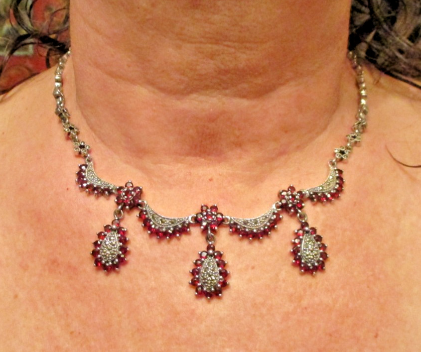 vintage GARNET necklace Sterling Silver 925 Czech 2 oz. sparkly Marcasites 17.5″
