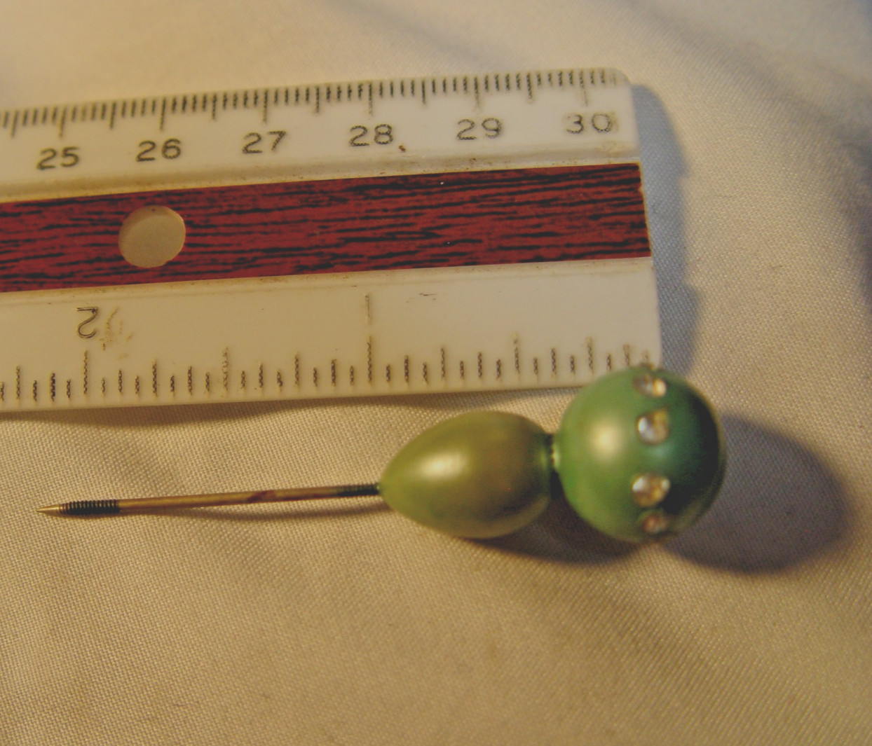 Vintage Art Deco Stick Pin Pale Green Orb Rhinestone Teardrop Lapel Pin 2.25″