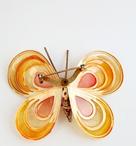 Vintage Orange Pink Woven Bamboo+ Resin Enamel Butterfly Brooch Pin~Figural Boho