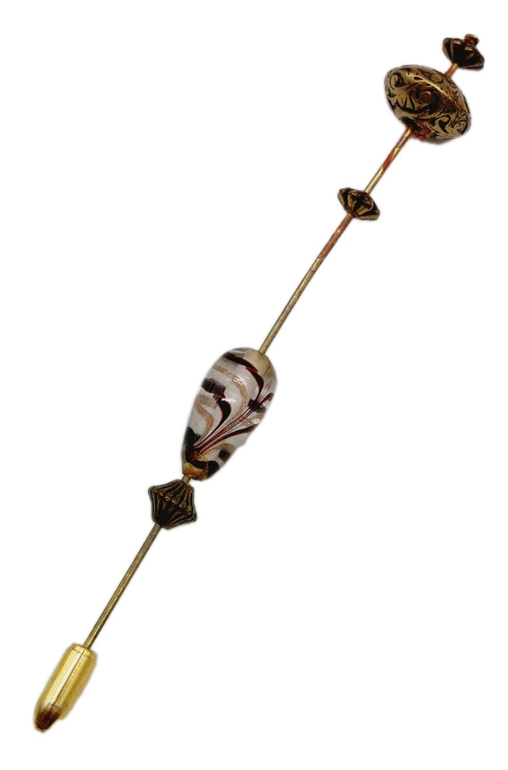 Vintage Murano Hand Blown Swirl Glass Hat Pin White Brown 4″