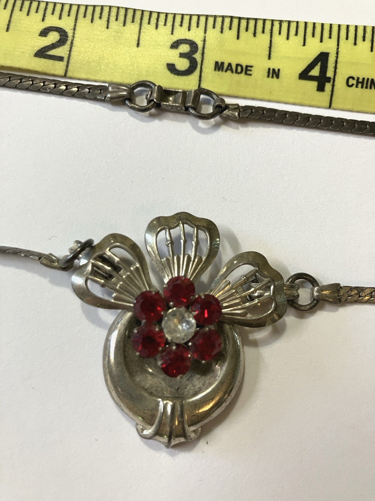 Harry Iskin Silver Necklace red and white rhinestones. 1930s-1950s era.