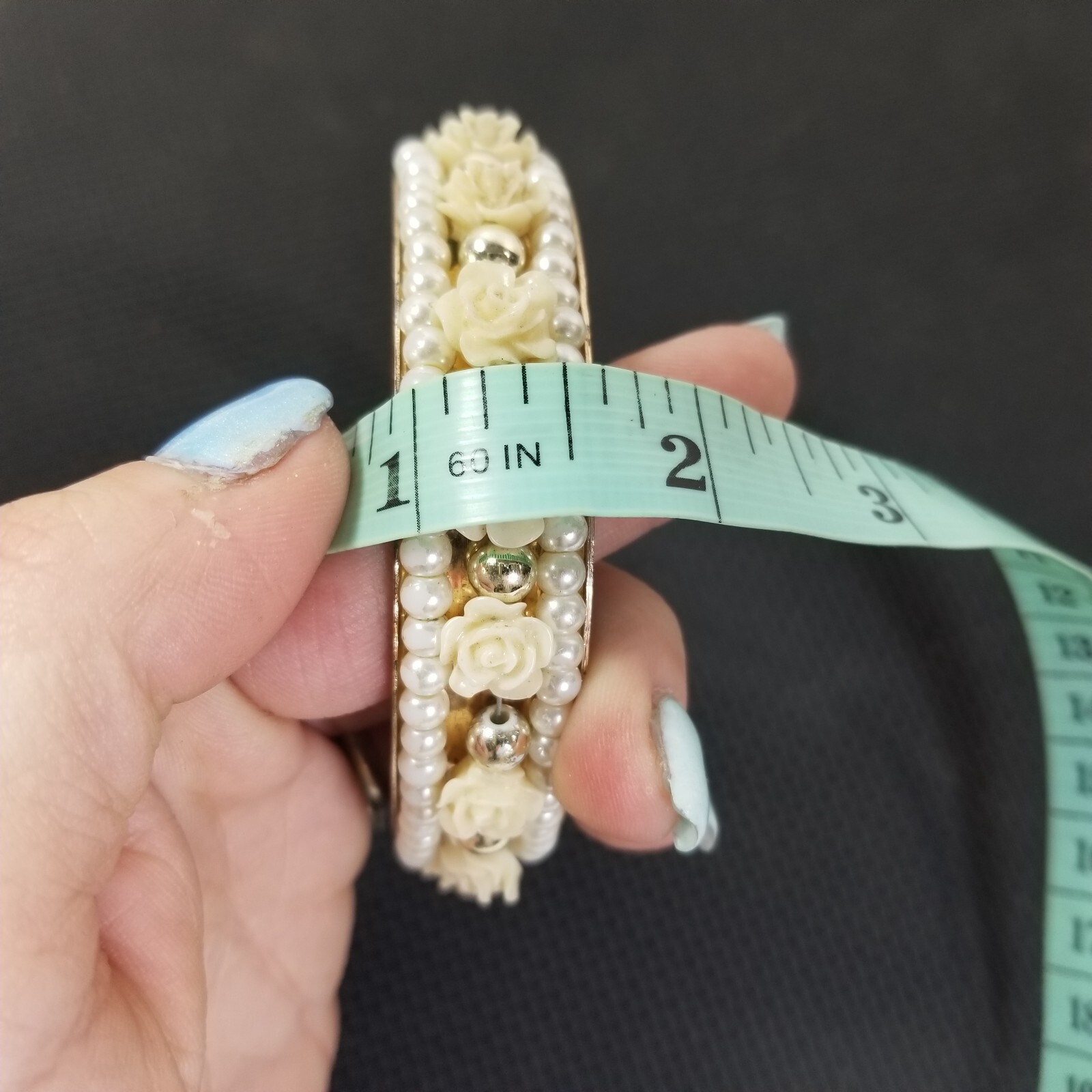 Faux Pearl Bracelet Flowers Vintage Statement Bangle
