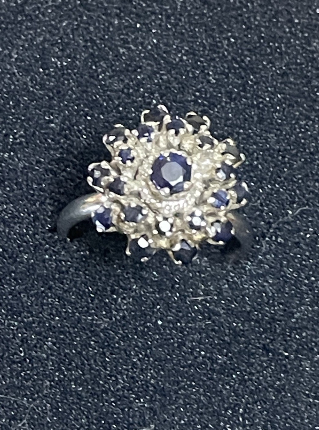 Ring Sterling Silver Sapphire Cluster/Dome Deep Blue Vintage Floral Size 7.25