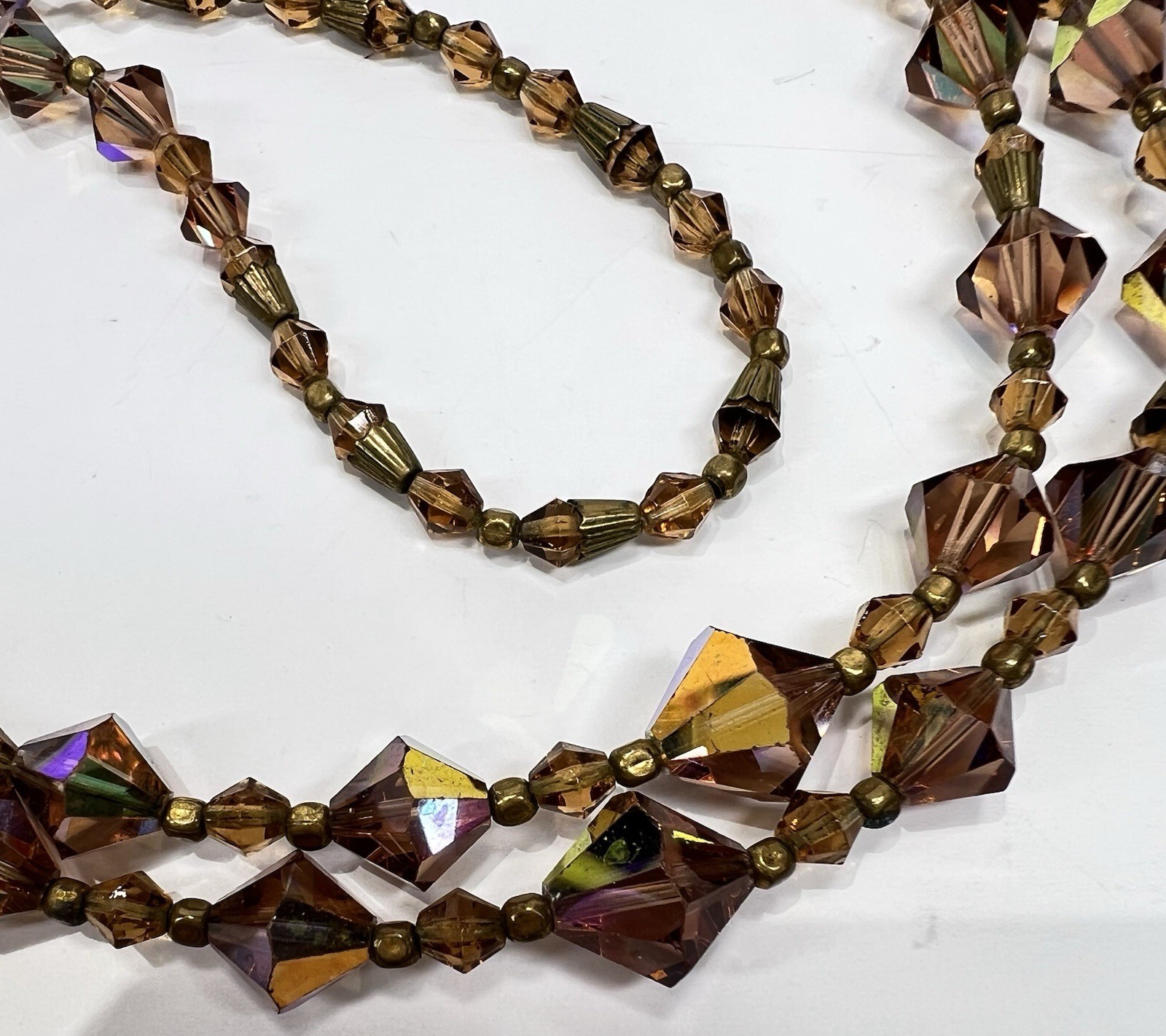 Vintage Faceted Bicone Crystal AB Bronze & Metal Spacers Long Graduated Necklace