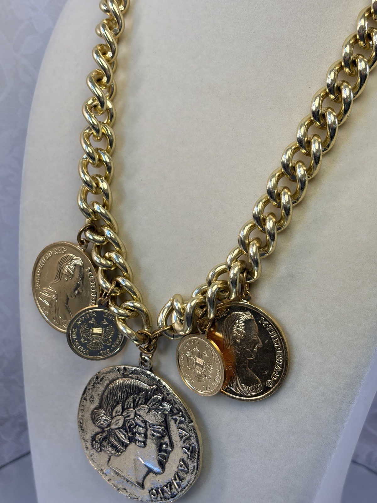 Vintage Heavy Chunky Gold Tone Roman Coin Necklace 128g Runway Statement Jewelry