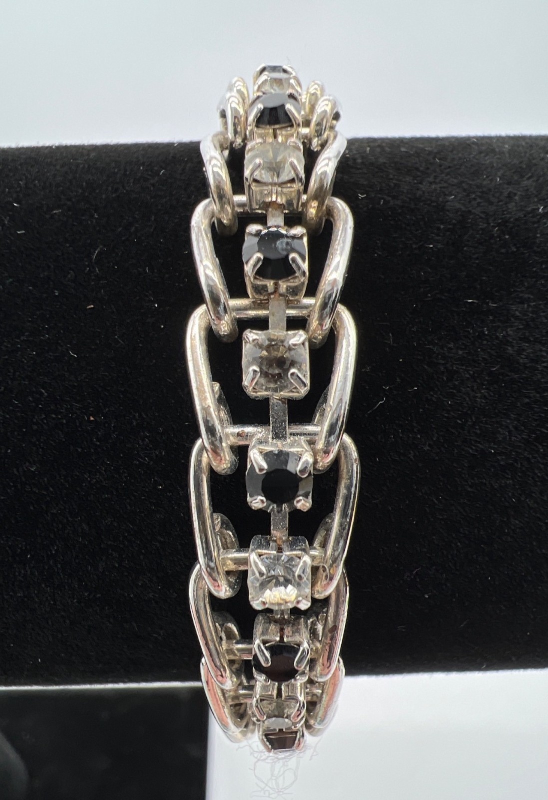 Vintage Silver-Tone Bracelet With Clear & Black Rhinestones 7 Inches Chain Link