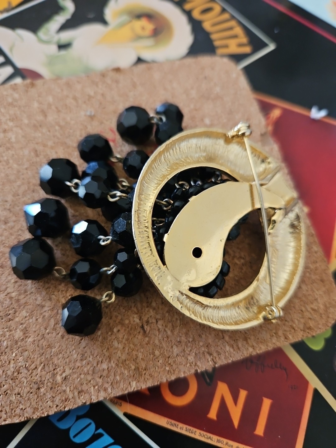 VTG Brutalist Black Cluster Dangle faceted Beads Brooch Signed Zentall