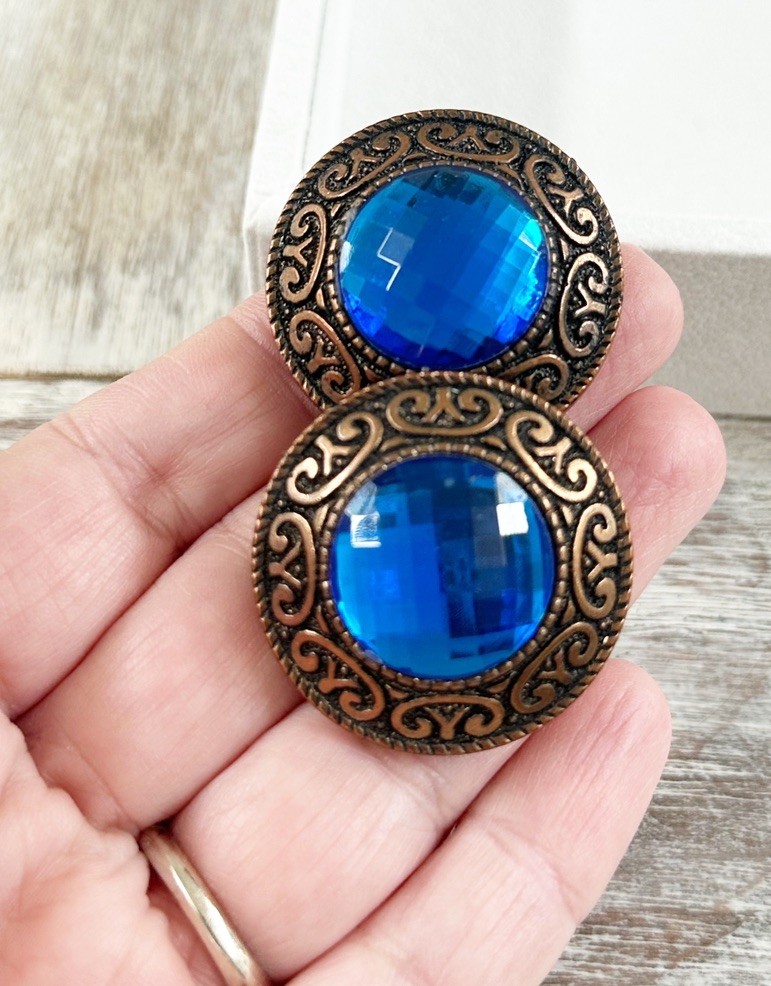 Vintage 80s Statement Clip On Earrings Blue Acrylic Stone Copper Tone Retro Bold