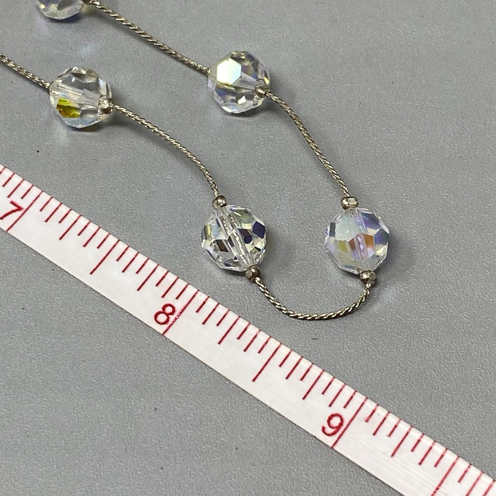 Aurora Borealis Crystal Bead Necklace Faceted Glass Silver Tone Chain Collar 18″
