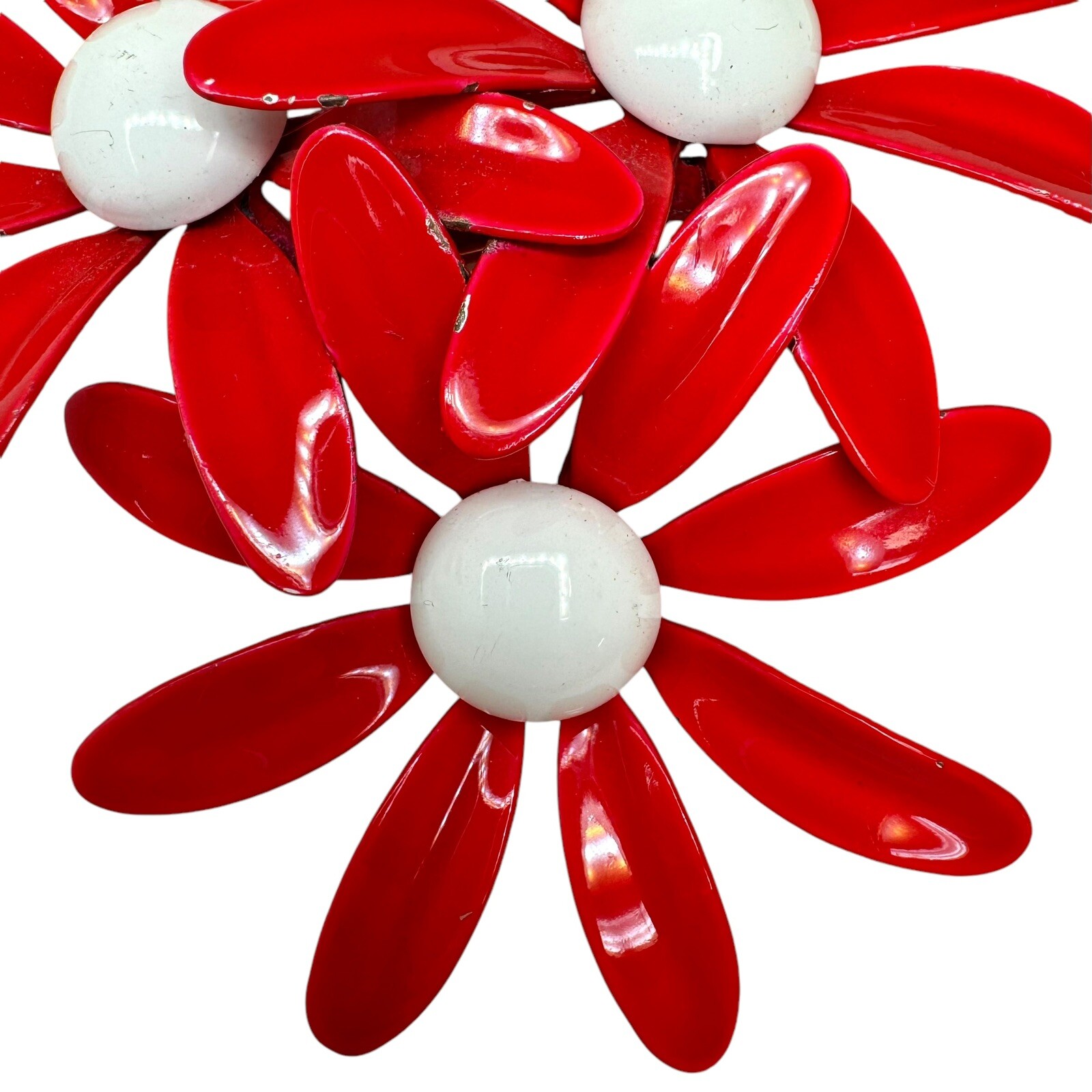 Vtg Metal Enamel Daisy Flower Brooch Pins White Brown and Triple Red White