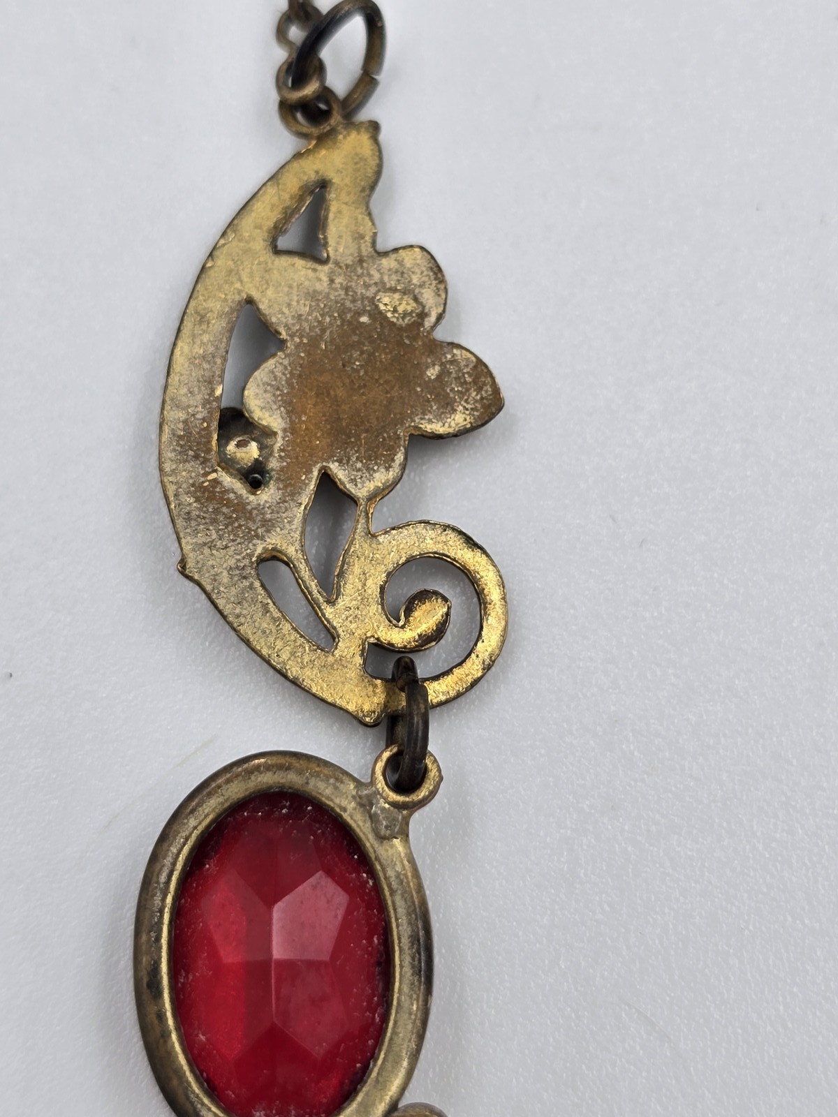 Antique Brass Filigree Necklace Red Glass Stones Art Deco Nouveau Style