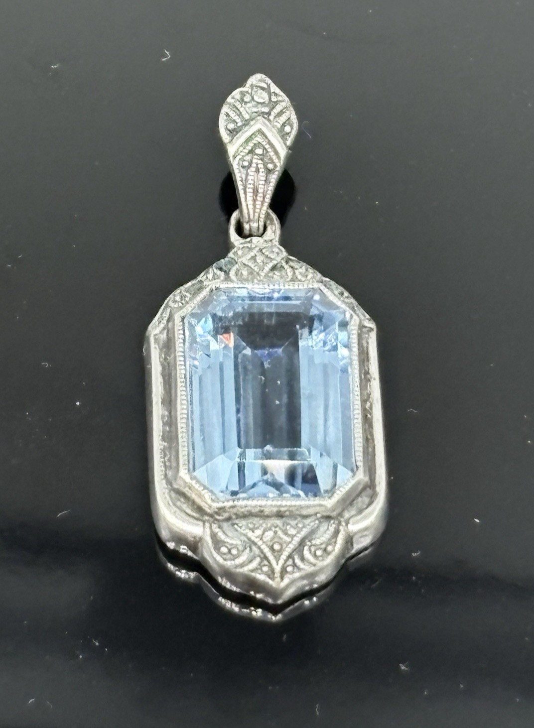 German Art Deco Pendant 835 Silver Ornate Blue Crystal Emerald Cut Vintage