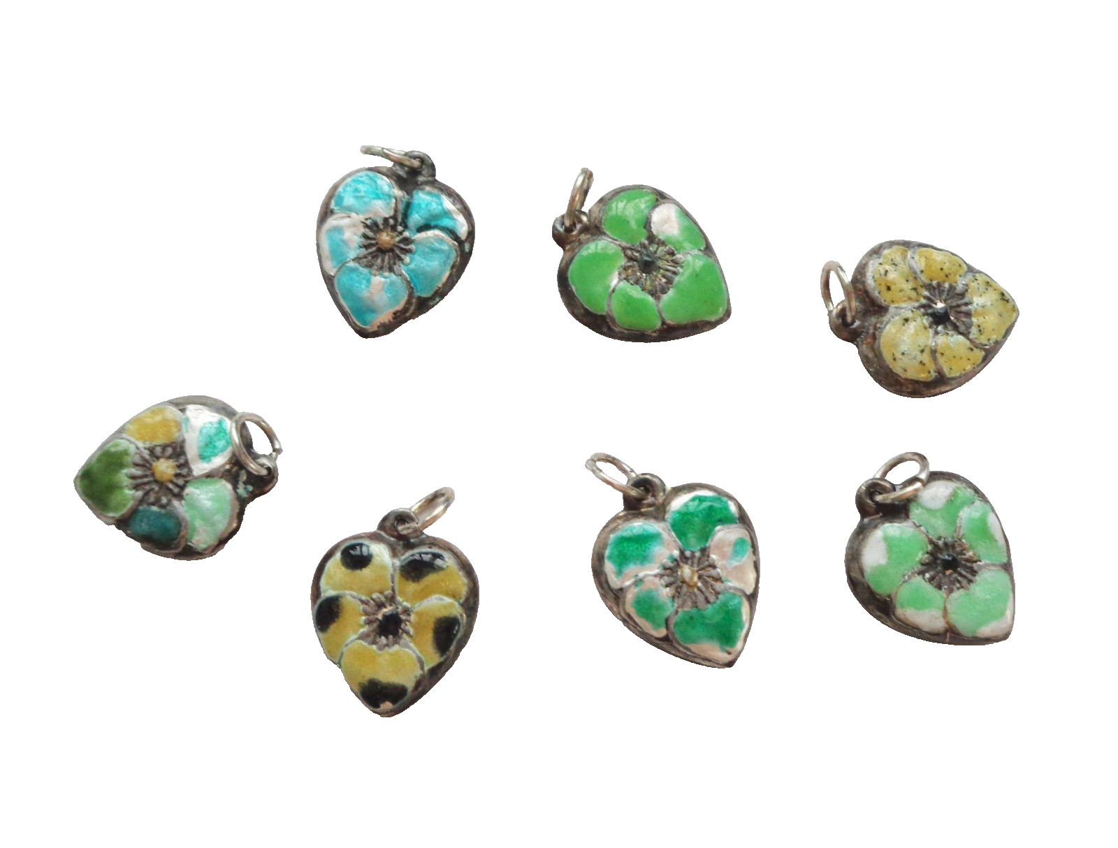 7 Vintage Puffy Sterling Silver Heart Shaped Pansy Charms