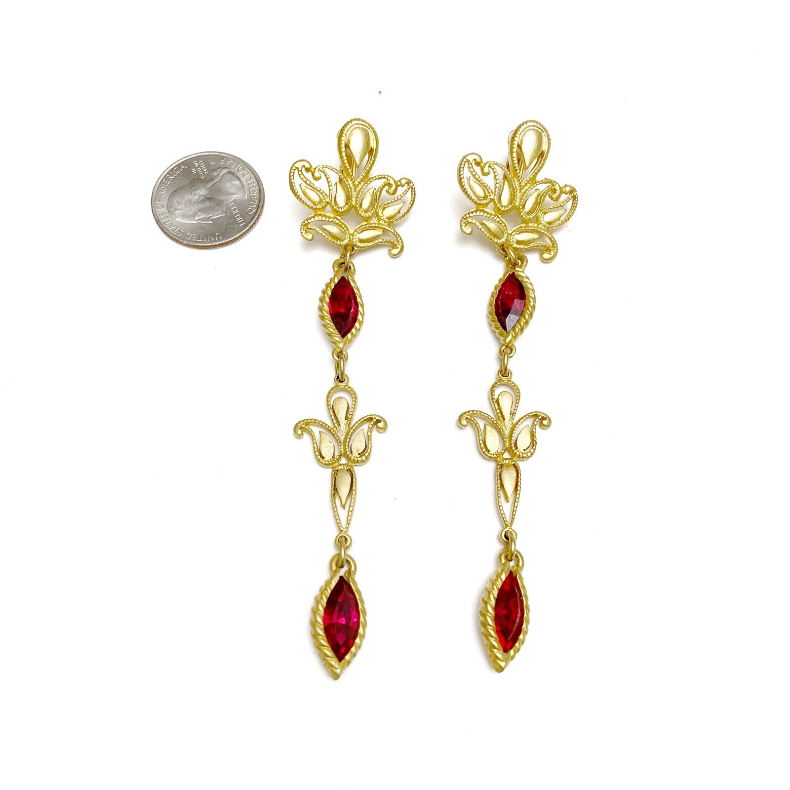 Vintage Matte Goldtone Scroll Red Fuchsia Gem Jewel Dangle Drop Clip On Earrings