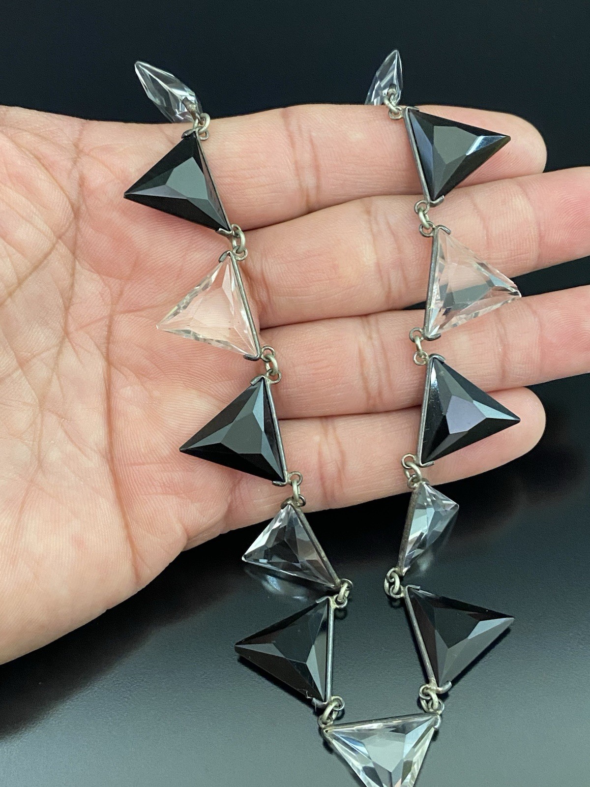 Art Deco VTG Silver Tone Trillion Cut Clear & Black Rock Quartz Choker Necklace