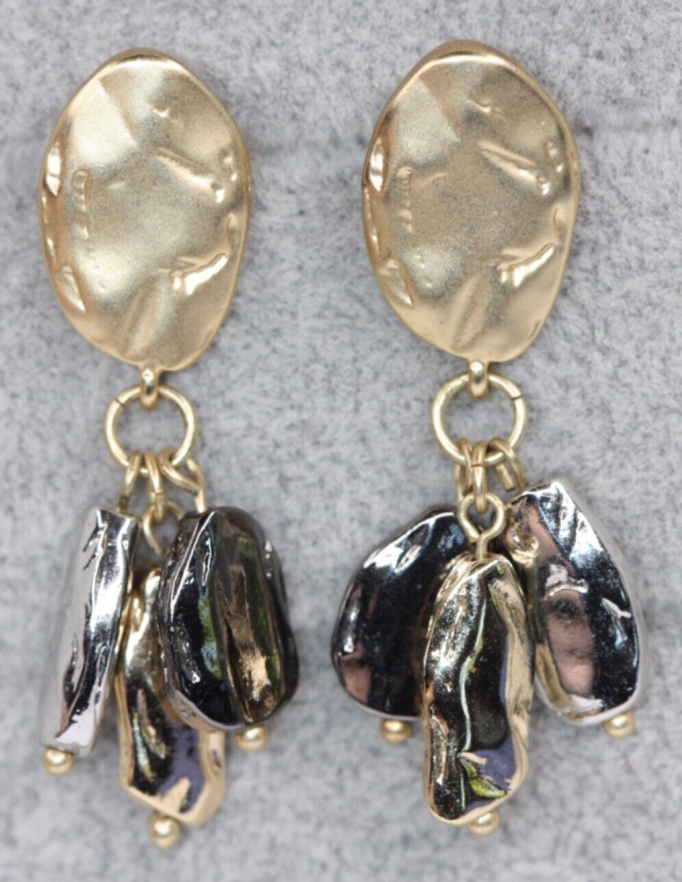 Hammered Tri-Tone Gold Silver Hematite Dangle Drop Beaded Pierced Post Earrings
