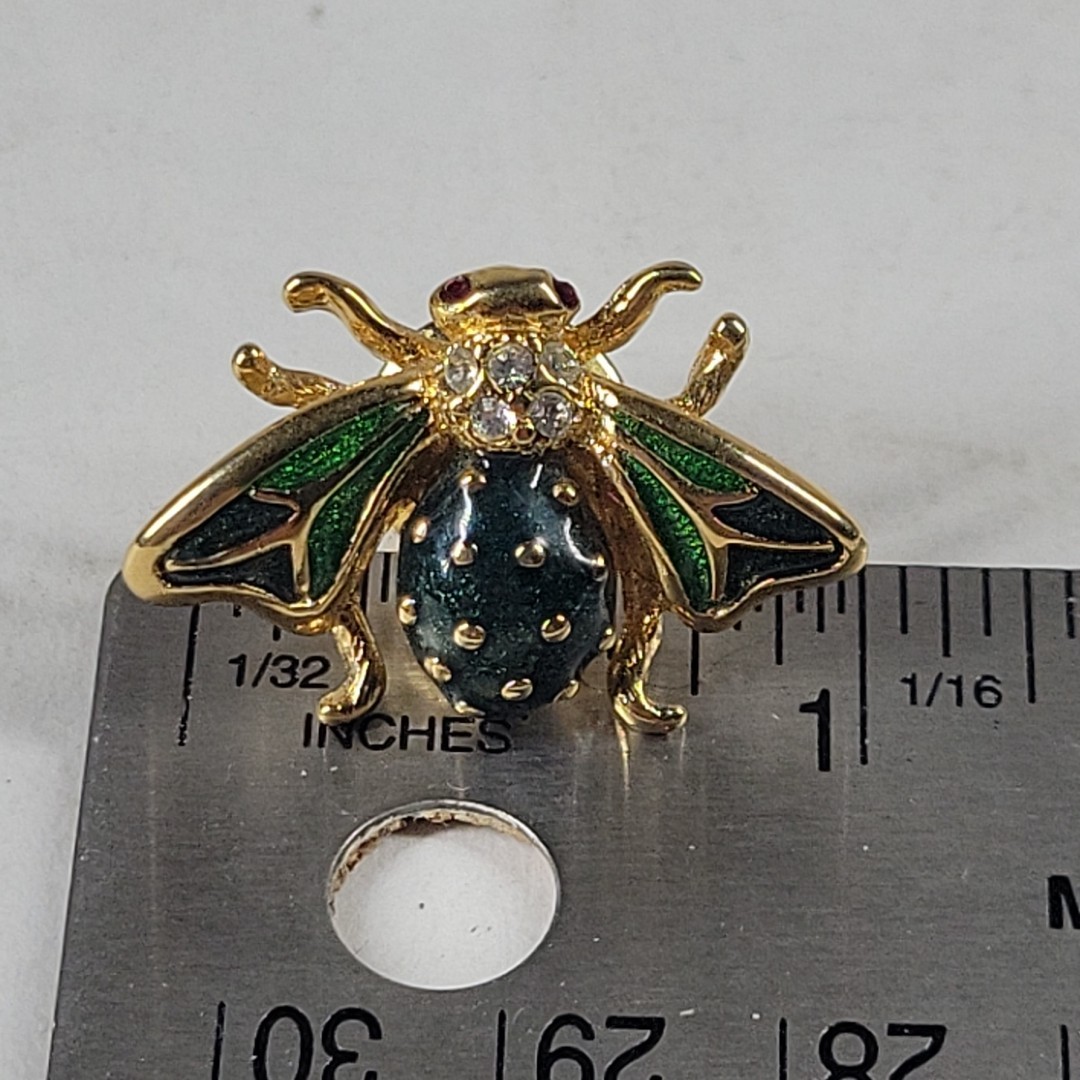 VTG Bumble Honey Bee Lapel Pin Gold Tone Enamel Rhinestone Entomologist Apiarist