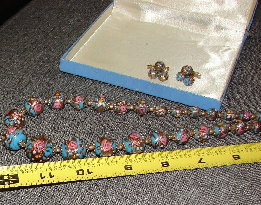 Vintage Venetian Murano Pink Blue Wedding Cake Beads Necklace and Clip Earrings