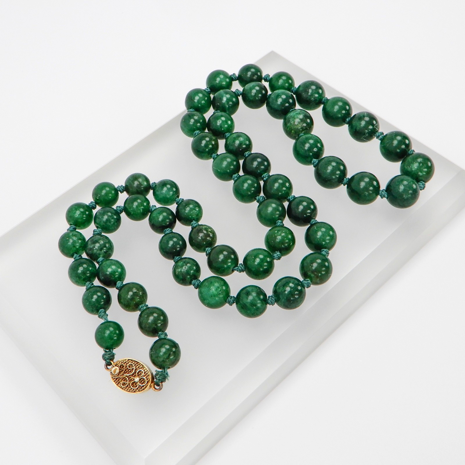 Vintage Green Jade Knotted Graduated Bead Necklace 26” 925 Silver Filigree Clasp