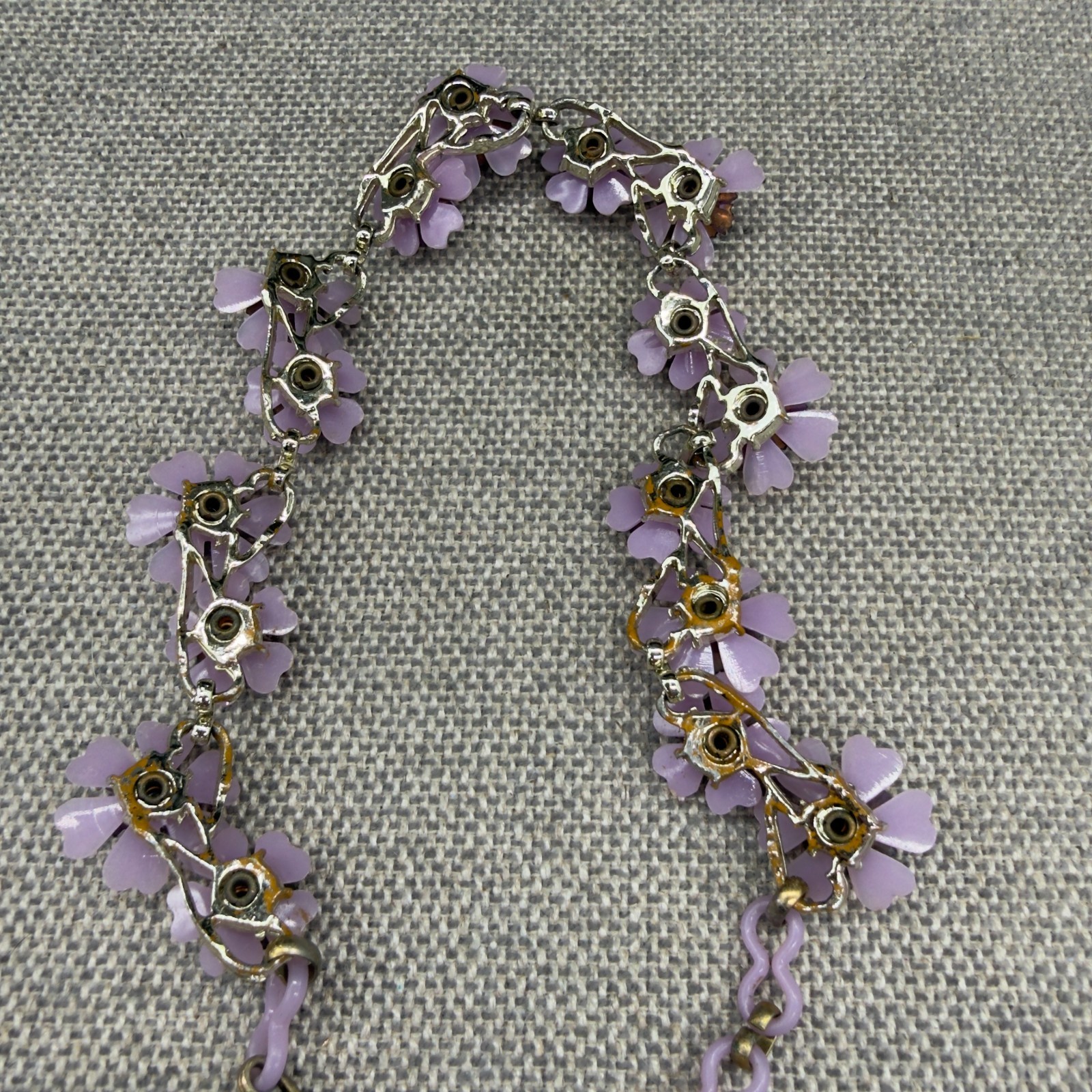 Vintage Necklace Acrylic Purple Flowers Rhinestone Centers 15 Inches READ