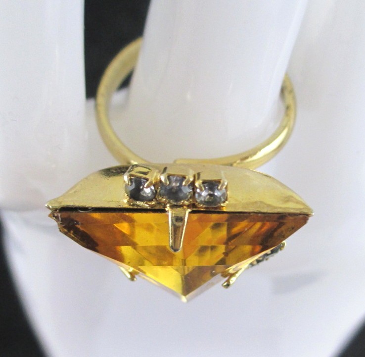 Vintage Mod Triangle Amber Orange glass rhinestone Statement Cocktail Ring Gold