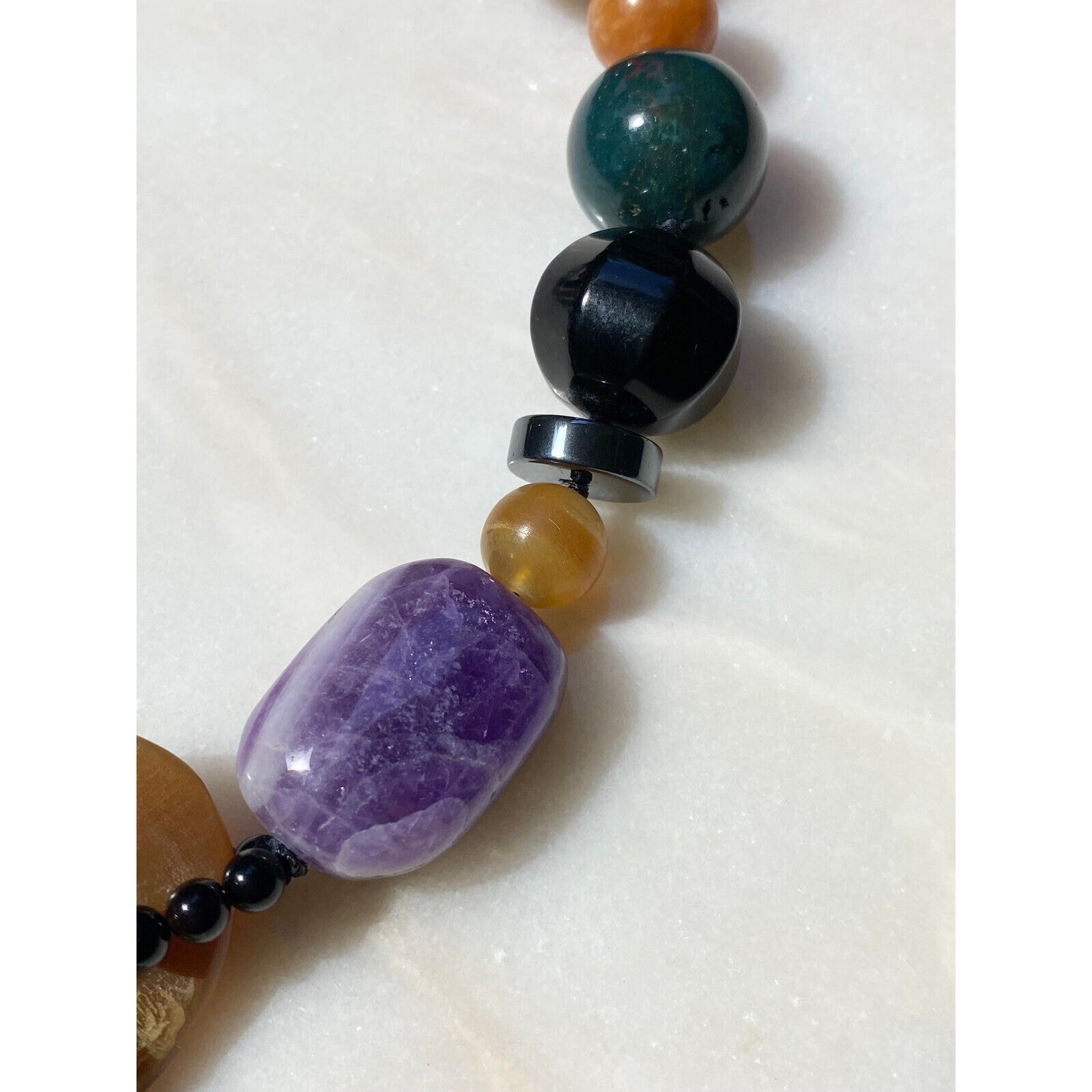 LARGE VINTAGE MIXED GEMSTONE MULTICOLOR BEAD ARTIST MADE NECKLACE HORN CLASP 19″
