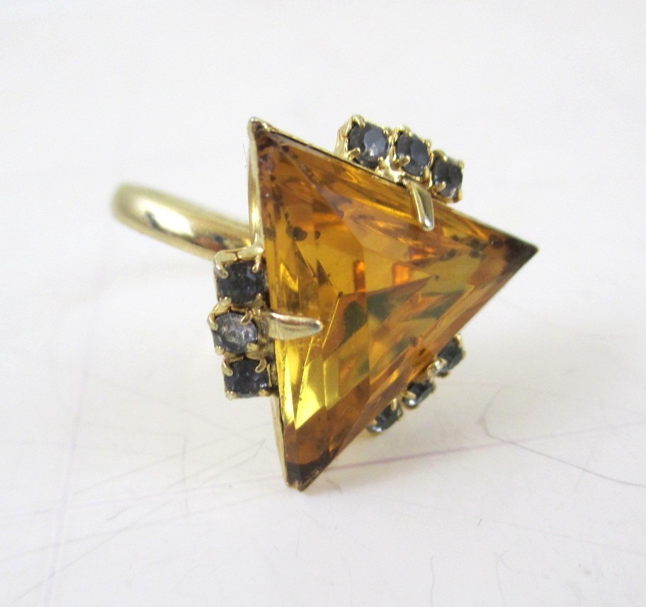 Vintage Mod Triangle Amber Orange glass rhinestone Statement Cocktail Ring Gold
