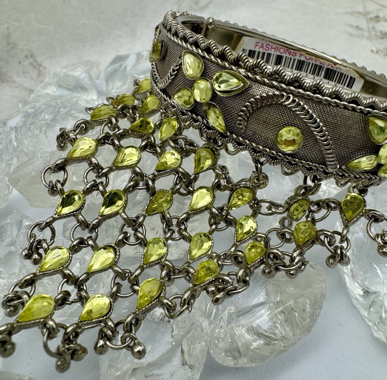 VTG Boho Slave Bracelet Bangle Peridot Rhinestones Sizeable Ring Chain Link