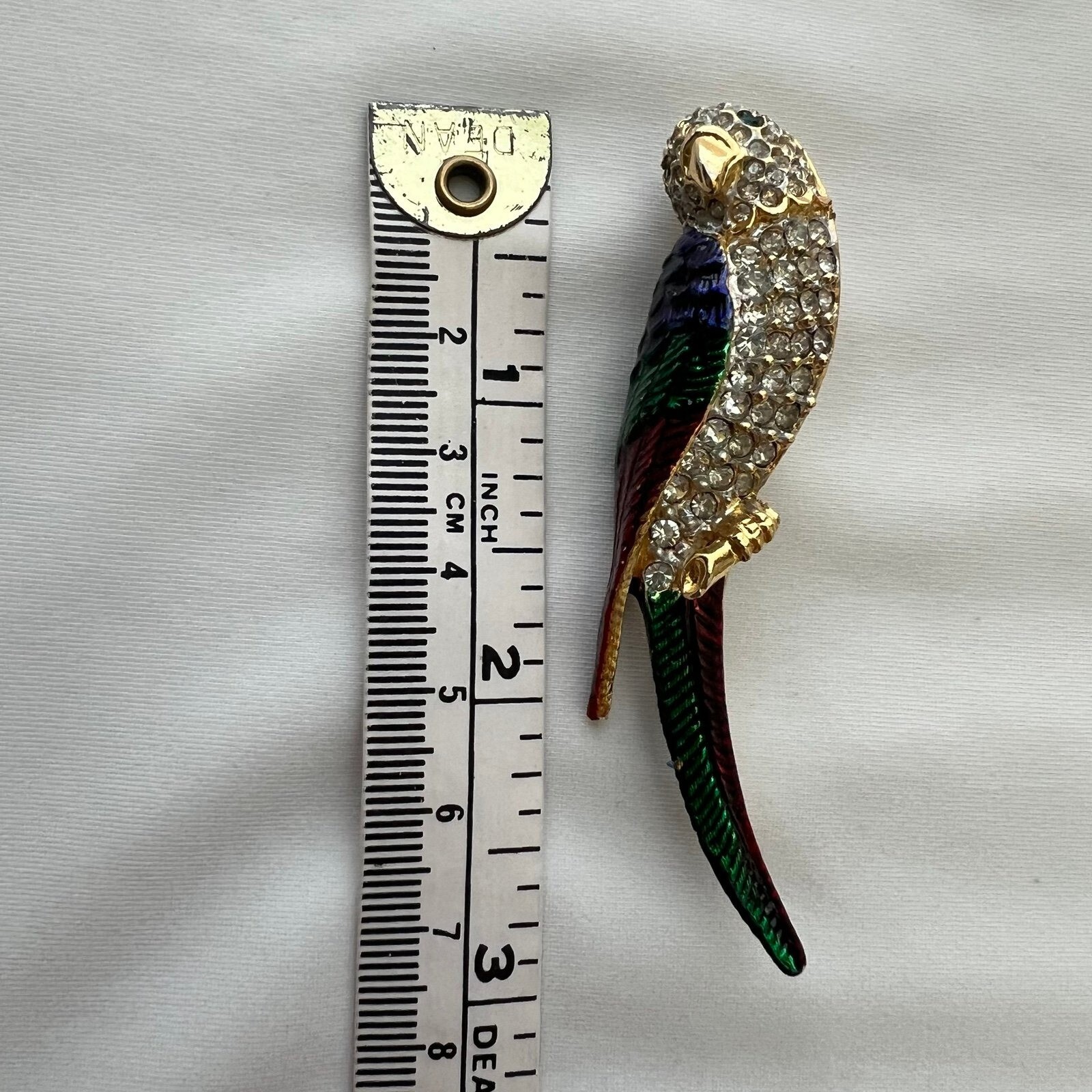 Vintage Pave Rhinestone Parrot Brooch Pin Guilloche Enamel Colorful Macaw Bird