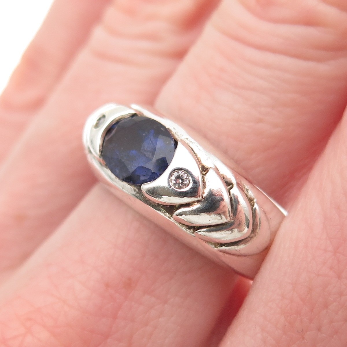 925 Sterling Silver Vintage Real Iolite & C Z Modernist Ring Size 9