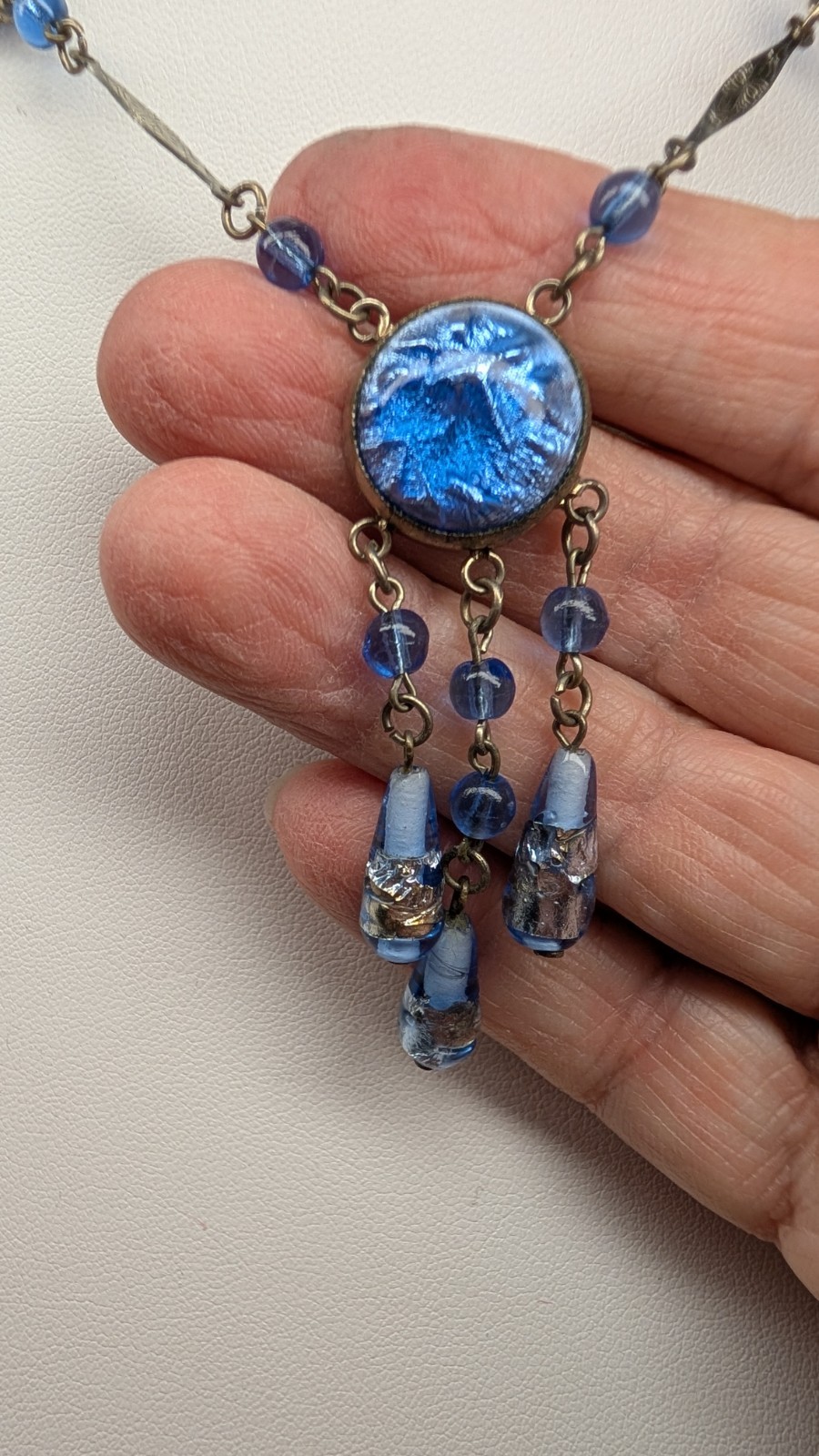 Vintage Czech ART DECO sky blue & silver foiled glass bead dangle drop necklace