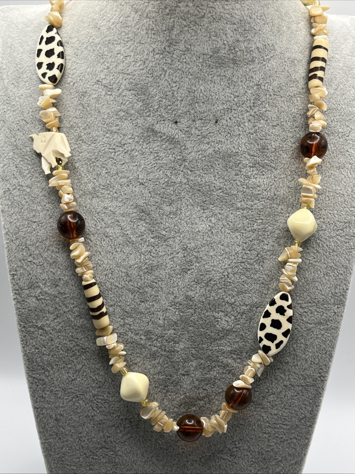 Vintage Shell And Acrylic Animal Print Carved Elephant Asymmetrical Necklace