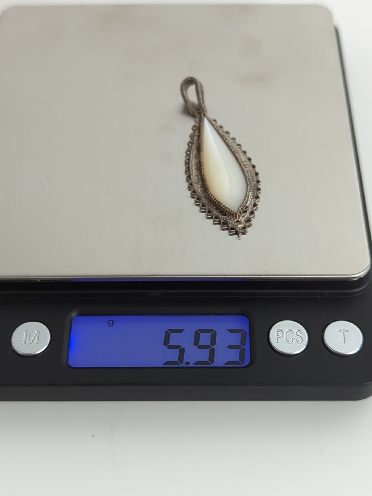 Antique Sterling Silver and Mother of Pearl Filigree Pendant Estate Heavy 6g A53