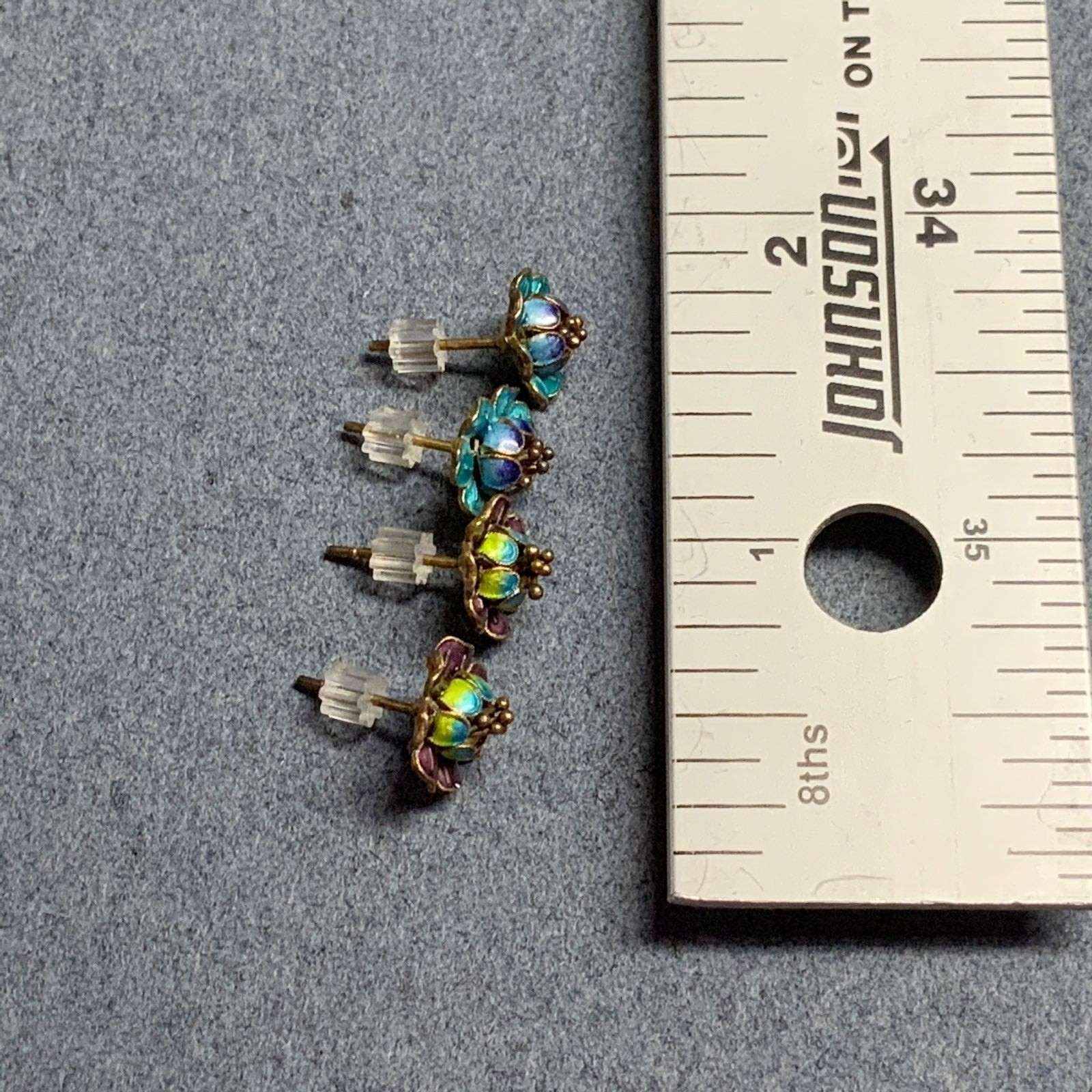 Tiny Flower Stud Earrings 3/8 In 2 Pairs Purple Blue Green Gold Vintage Floral