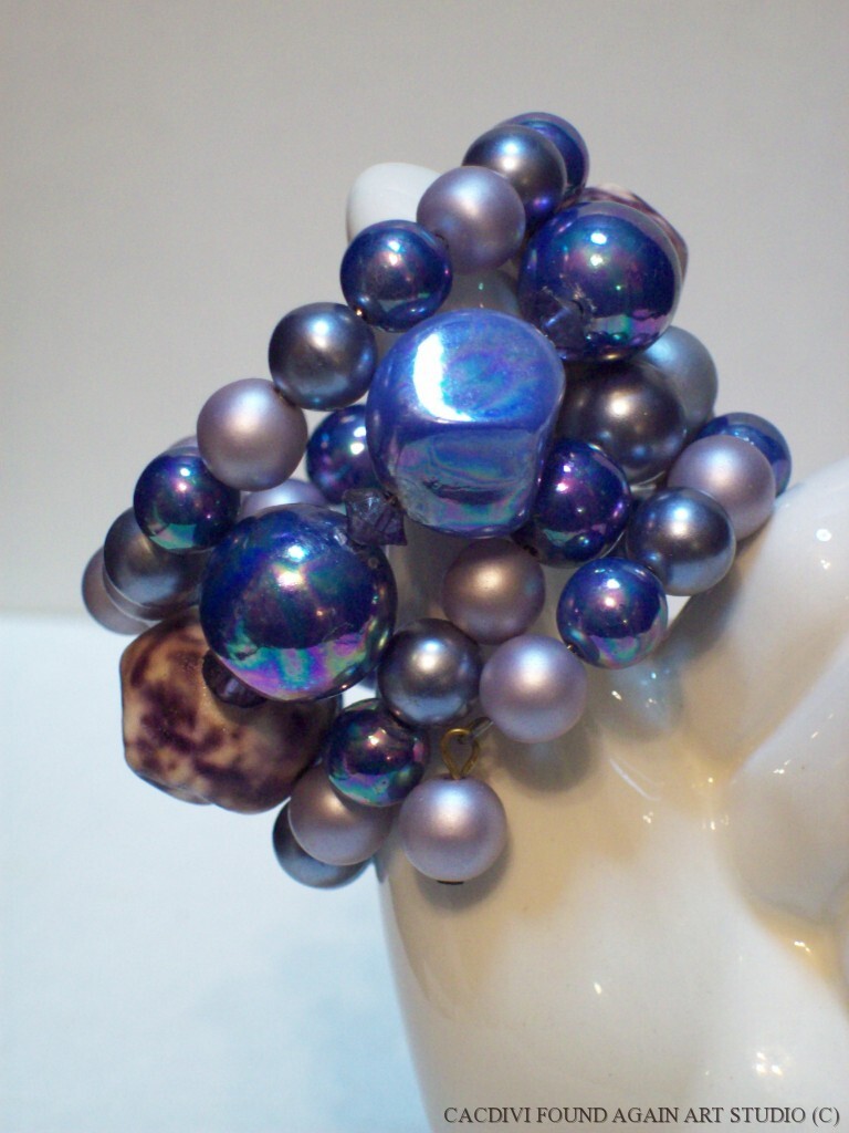 Retro Blue Purple Bead Bracelet Multi Strand Dimple AB Faux Pearl Wire Wrap Vtg