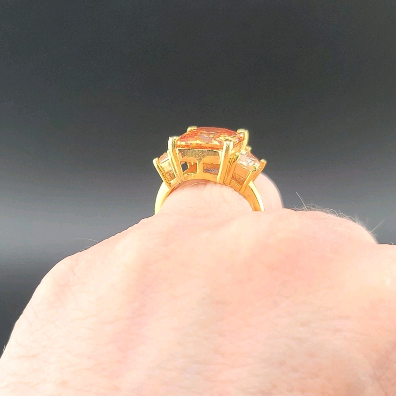 Vtg Sz 7 Ring Lg Citrine Clear Cubic Zirconia 18KGE Fashion Jewelry Glam Sty2S