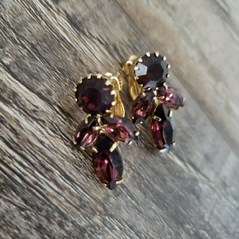 Vintage Purple Cluster Navette Prong Earrings Clip On Gold Tone