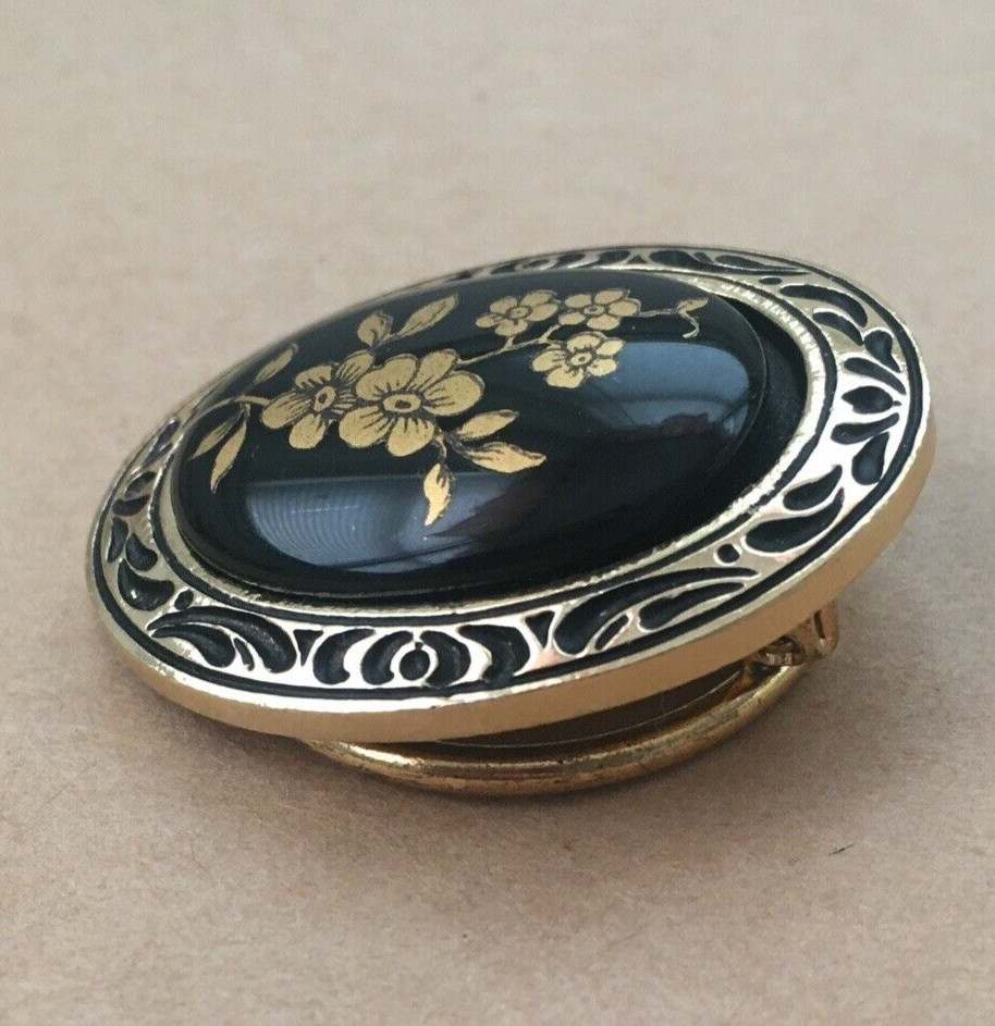Western Germany scarf clip vintage floral gold black nature plants signed