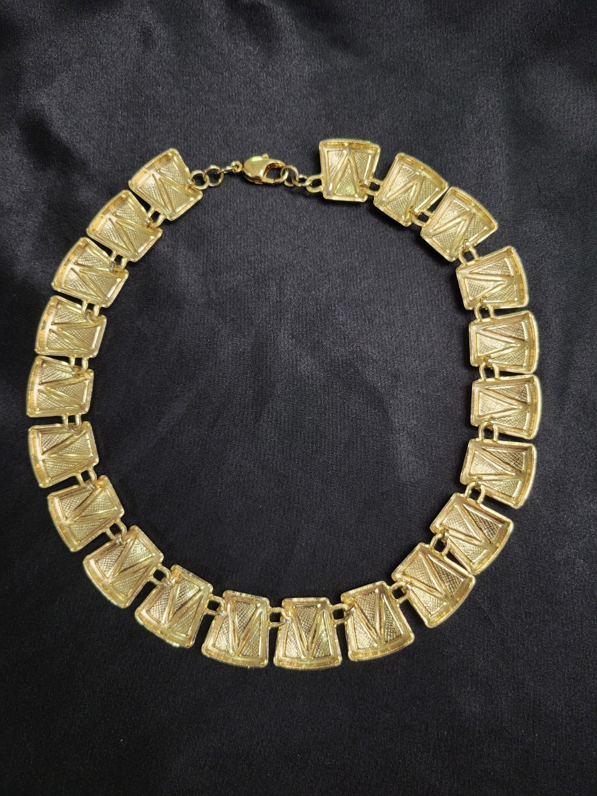 Vintage 1980s Gold Tone Enamel Geometric Panel Collar Choker Statement Necklace