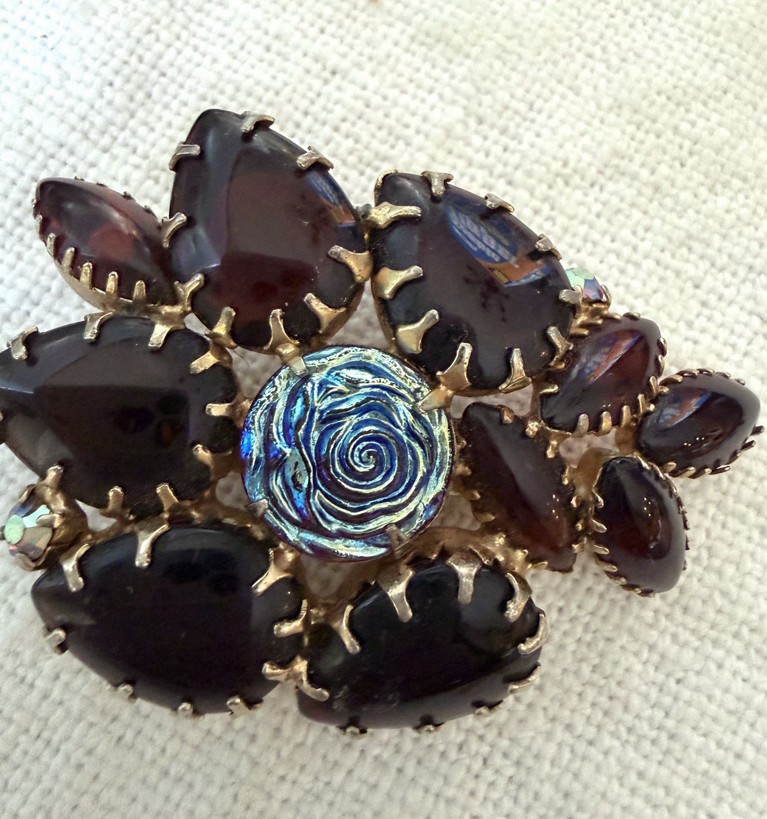 Deep Red Glass Molded Rose Brooch Art Glass Flower AB Rhinestone Statement Vtg