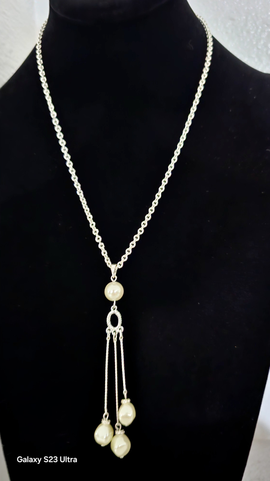 SAQ BAROQUE white pearl chain necklace silver tone 13″ with pendent